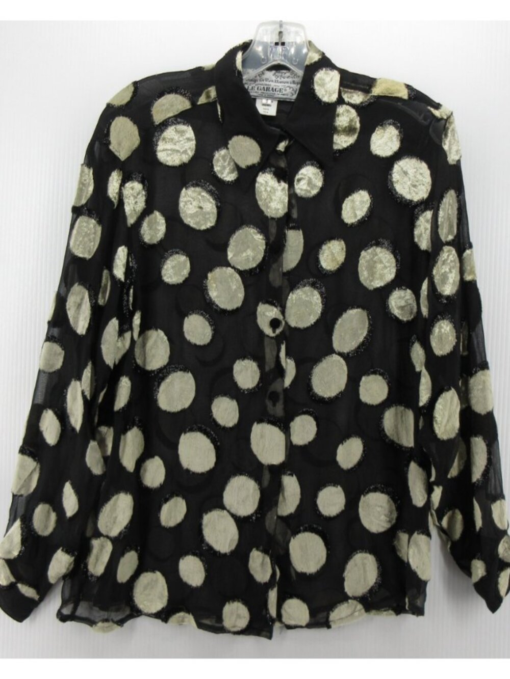 VINTAGE Le Garage Top 2 Silk Blouse Velvet Polka Dots Sheer Large